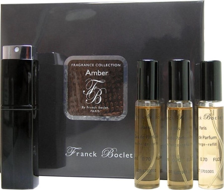 Набор парфюмированной воды унисекс Franck Boclet Amber Travel Set Мини-спрей 20 мл + 3 запасных флакона по 20 мл