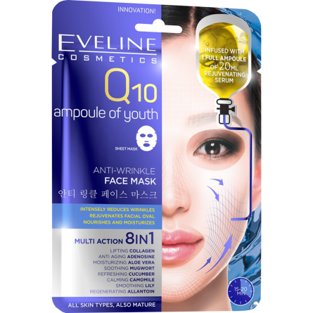 Маска Eveline тканевая для лица антивозрастная Q10 от морщин 1 шт