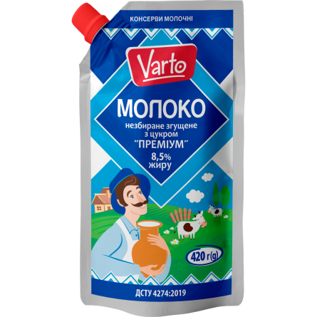 Молоко незбиране згущене Varto з цукром Преміум 8,5 % 420г