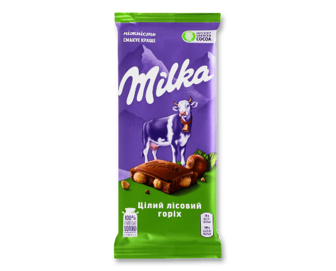 Шоколад молочний Milka з цілим лісовим горіхом 90г