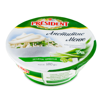 Сир кисломолочний President зелена цибуля зі сметаною 9%, стакан, 180г