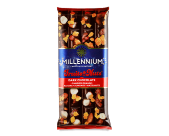 Шоколад чорний Millennium Fruits & Nuts мигдаль-лісовий горіх-цукати-родзинки, 90г