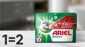 Купуй капсули для прання Ariel Pods+ Extra 14 циклів прання, 14 шт та отримуй другу одиницю у подарунок*!