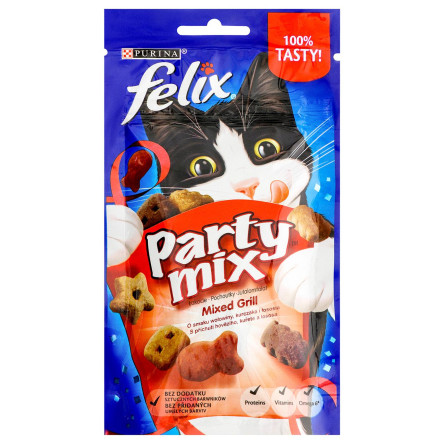 Лакомство для взрослых кошек Felix Party Mix Гриль Микс со вкусом курицы говядины и лосося 60г