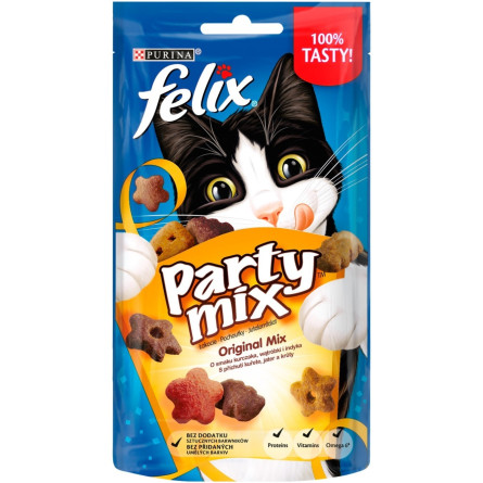 Ласощі для дорослих котів Felix Party Mix Оріджинал Мікс зі смаком курки печінки та індички 60г