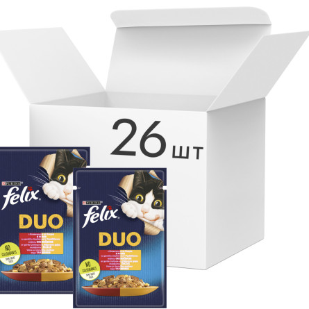 Упаковка вологого корму для котів Purina Felix Fantastic Duo з яловичиною та птицею шматочки в желе 26 шт. по 85 г