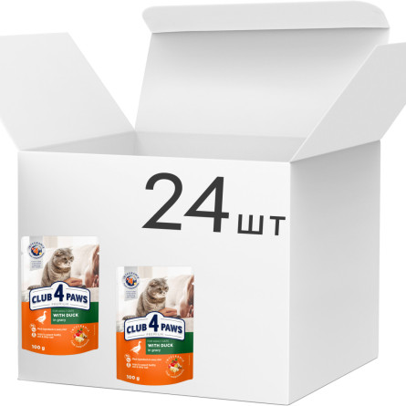 Упаковка вологого корму для дорослих кішок Club 4 Paws (Клуб 4 Лапи) в соусі з качкою 100 г х 24 шт (B5631501) slide 1