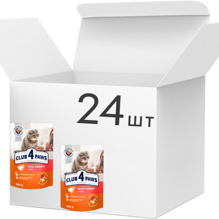 Упаковка влажного корма для взрослых кошек Club 4 Paws (Клуб 4 Лапы) в желе с индейкой 100 г х 24 шт (B5631301)