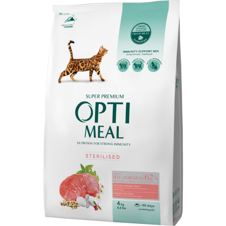 Повнораційний сухий корм для стерилізованих кішок та кастрованих котів Optimeal з високим вмістом яловичини та сорго 4 кг (B1841401) slide 1
