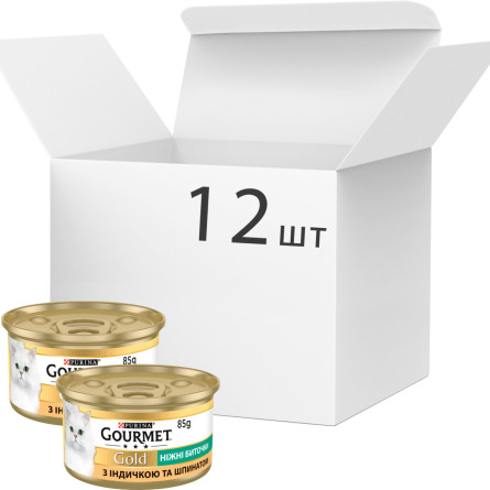 Упаковка вологого корму для кішок Purina Gourmet Gold Ніжні биточки з індичкою і шпинатом 12 шт по 85 г