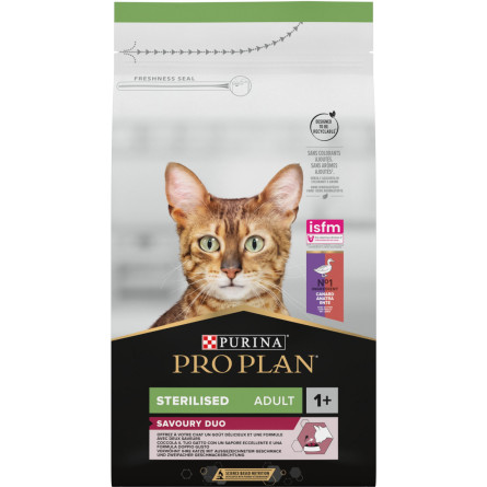 Сухий повнораціонний корм для стерилізованих кішок і кастрованих котів Purina Pro Plan Sterilised 1+ з качкою і печінкою 1.5 кг