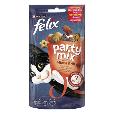 Упаковка ласощів для котів Purina Felix Party Mix Гриль Мікс зі смаком курки, яловичини та лосося 8 шт. по 60 г