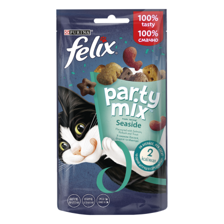 Упаковка ласощів для котів Purina Felix Party Mix Океанічний Мікс зі смаком лосося та форелі 8 шт. по 60 г