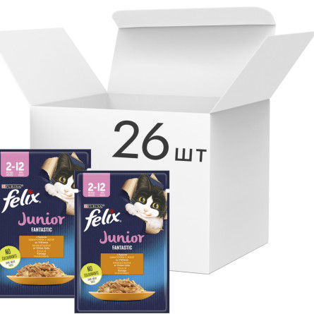 Упаковка вологого корму для кошенят Purina Felix Junior Fantastic з куркою в желе 26 шт. по 85 г slide 1