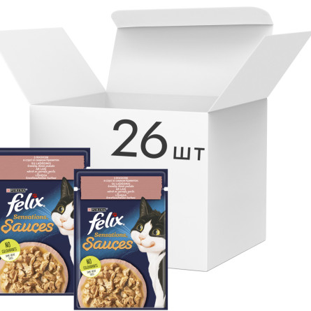 Упаковка вологого корму для котів Purina Felix Sensations Sauces з лососем у соусі зі смаком креветок 26 шт. по 85 г