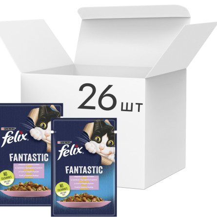 Упаковка вологого корму для котів Purina Felix Fantastic з фореллю та зеленими бобами в желе 26 шт. по 85 г