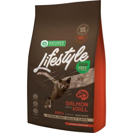 Сухий беззерновий корм для стерилізованих дорослих кішок з лососем Nature's Protection Lifestyle Grain Free Salmon with krill Sterilised Adult Cat 1.5 кг (NPLS45799)