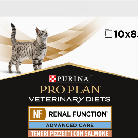 Упаковка влажного диетического корма для взрослых кошек Purina Pro Plan Veterinary Diets NF Renal Function Advanced Care при патологии почек с лососем 10 x 85 г