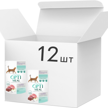Упаковка повнораційного консервованого корму для дорослих кішок з ефектом виведення вовни Optimeal з качкою та шматками печінки в яблучному желі 85 г х 12 шт (B2711502)