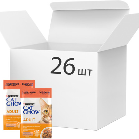 Упаковка вологого корму для дорослих кішок Purina Cat Chow Adult з яловичиною і баклажанами 85 г x 26 шт.