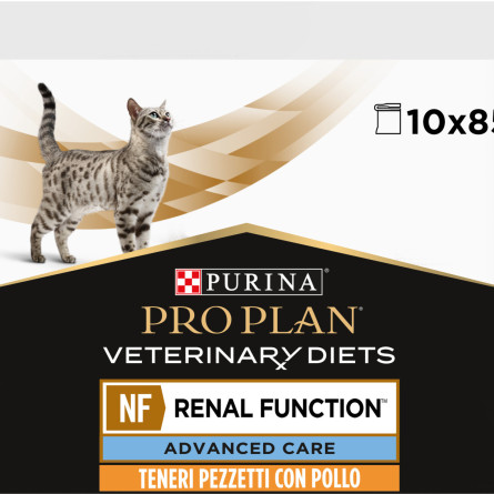 Упаковка влажного диетического корма для взрослых кошек Purina Pro Plan Veterinary Diets NF Renal Function Early Care при патологии почек с куркой 10 x 85 г