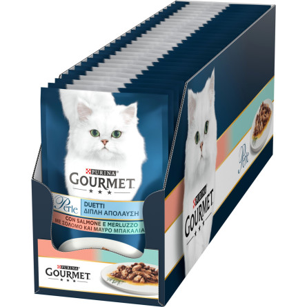 Упаковка влажного корма для котов Purina Gourmet Perle Duo с лососем и сайдой мини филе в подливке 26 шт по 85 г