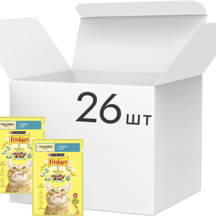 Упаковка вологого корму для кішок Purina Friskies шматочки в підливі з тунцем 26 шт по 85 г slide 1