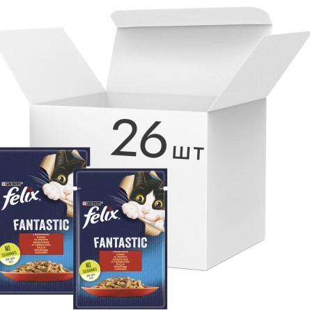 Упаковка вологого корму для котів Purina Felix Fantastic з яловичиною в желе 26 шт. по 85 г slide 1