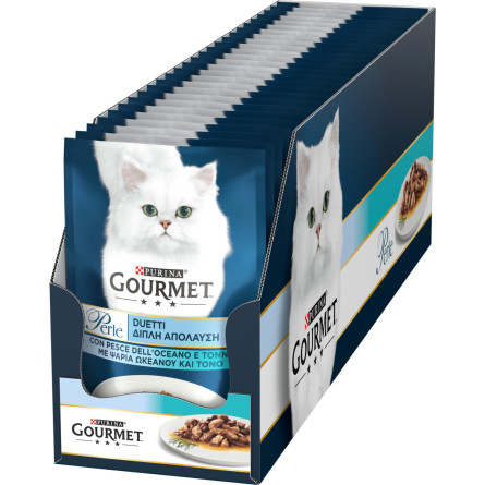 Упаковка вологого корму для котів Purina Gourmet Perle Duo з океанічною рибою та тунцем мініфіле в підливі 26 шт. по 85 г slide 1