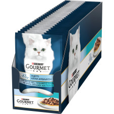 Упаковка вологого корму для котів Purina Gourmet Perle Duo з океанічною рибою та тунцем мініфіле в підливі 26 шт. по 85 г mini slide 1