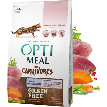 Сухой беззерновой корм для взрослых кошек Optimeal с уткой и овощами 4 кг (B1841001)