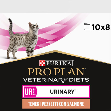 Упаковка вологого дієтичного корму для котів Purina Pro Plan Veterinary Diets UR ST/OX Urinary для розчинення та зниження утворення струвітних каменів з лососем 10 x 85 г