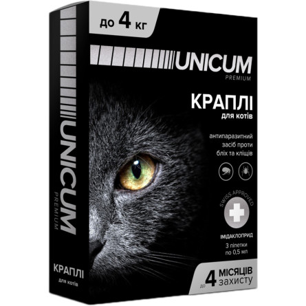 Капли Unicum Premium от блох и клещей на холку для котов массой до 4 кг 3 шт