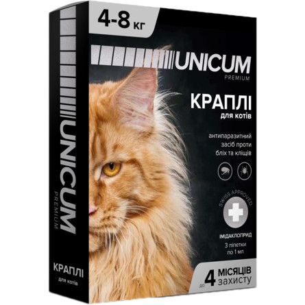 Капли Unicum Premium от блох и клещей на холку для больших котов массой от 4 кг 3 шт