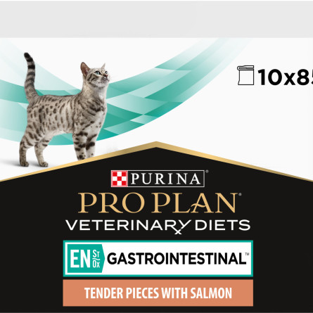 Упаковка влажного диетического корма для котят и взрослых котов Pro Plan Veterinary Diets EN Gastrointestinal для уменьшения расстройств кишечной абсорбции и кормления в период восстановления, выздоровления, с лососем 10x85 г slide 1