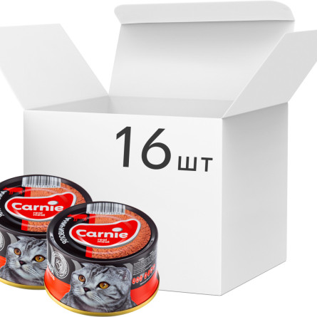 Упаковка вологого корму для дорослих кішок Carnie паштет м'ясний з яловичиною 16 шт по 90 г