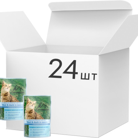 Упаковка вологого корму для кішок Carpathian Pet Food з телятиною і качкою в соусі 100 г х 24 шт slide 1