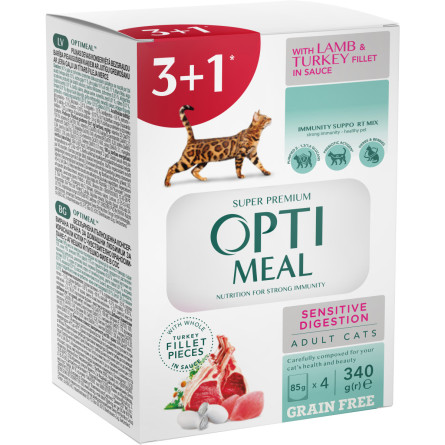 Набір упаковка вологого корму для дорослих котів із чутливим травленням Optimeal з ягням та філе індички в соусі 4 x 85 г