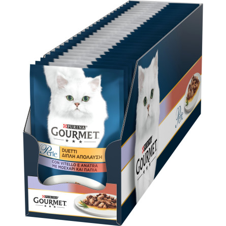 Упаковка влажного корма для котов Purina Gourmet Perle Duo с телятиной и уткой мини филе в подливке 26 шт по 85 г slide 1