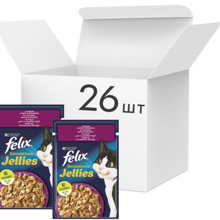 Упаковка вологого корму для котів Purina Felix Sensations з качкою та шпинатом у желе 26 шт. по 85 г