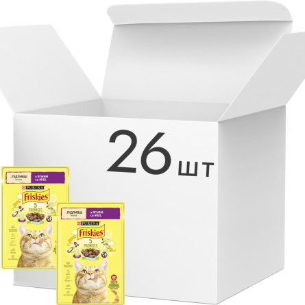 Упаковка вологого корму для кішок Purina Friskies шматочки в підливі з ягням 26 шт по 85 г