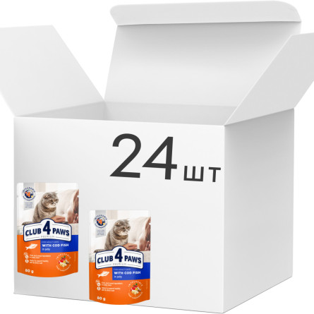 Упаковка влажного корма для взрослых кошек Club 4 Paws (Клуб 4 Лапы) в желе с треской 80 г х 24 шт (B5631701)