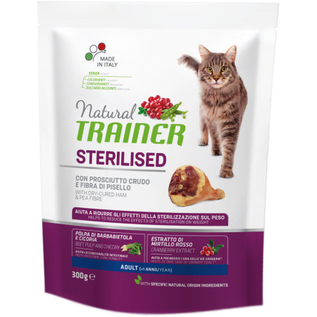 Сухой корм для взрослых стерилизованных кошек от 1 года Trainer Natural Super Premium Adult Sterilised с сыровяленой ветчиной 300 г