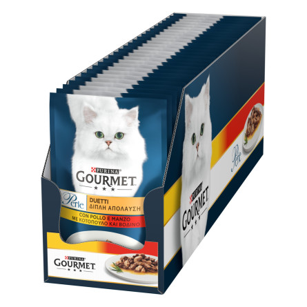 Упаковка вологого корму для котів Purina Gourmet Perle Duo з куркою та яловичиною мініфіле в підливі 26 шт. по 85 г slide 1