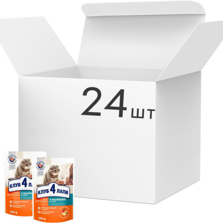 Упаковка вологого корму для дорослих кішок Club 4 Paws (Клуб 4 Лапи) Преміум в соусі з макрелью 100 г х 24 шт (4820215365062/4820215360715)(B5630401)