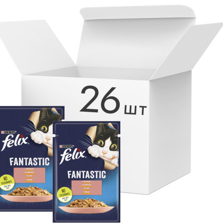 Упаковка вологого корму для котів Purina Felix Fantastic з лососем у желе 26 шт. по 85 г