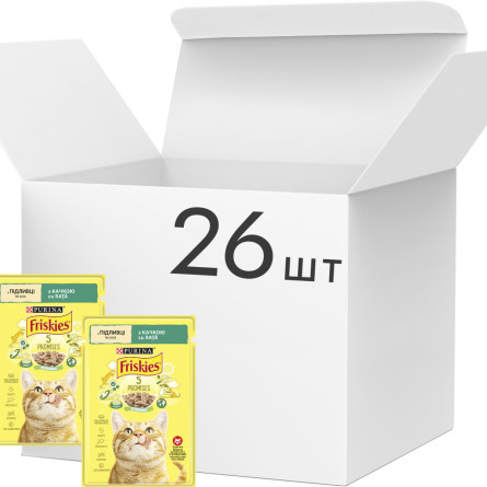 Упаковка вологого корму для кішок Purina Friskies шматочки в підливі з качкою 26 шт по 85 г