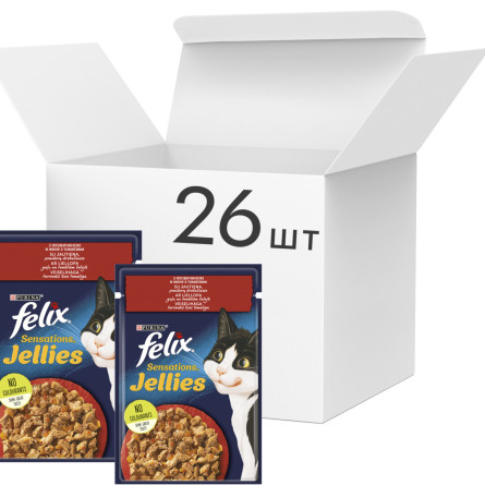 Упаковка вологого корму для котів Purina Felix Sensations з яловичиною та томатами в желе 26 шт. по 85 г