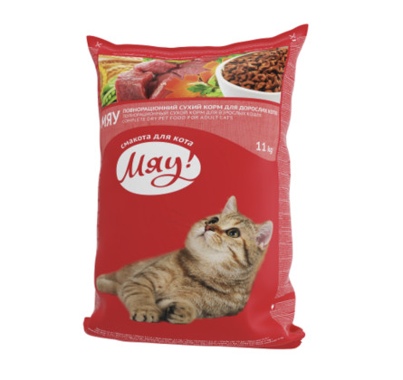 Сухой полнорационный корм для взрослых котов Мяу! со вкусом мяса 11 кг (B1240102)