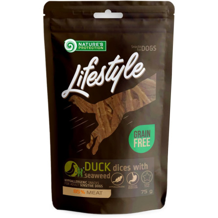 Лакомство для собак, ломтики утки с морской капустой, Nature's Protection Lifestyle snack for dogs soft duck dices with seaweed 75 г (SNK46143)